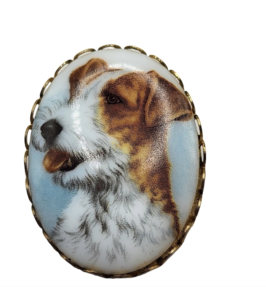 Vintage Terrier Dog Brooch Porcelain